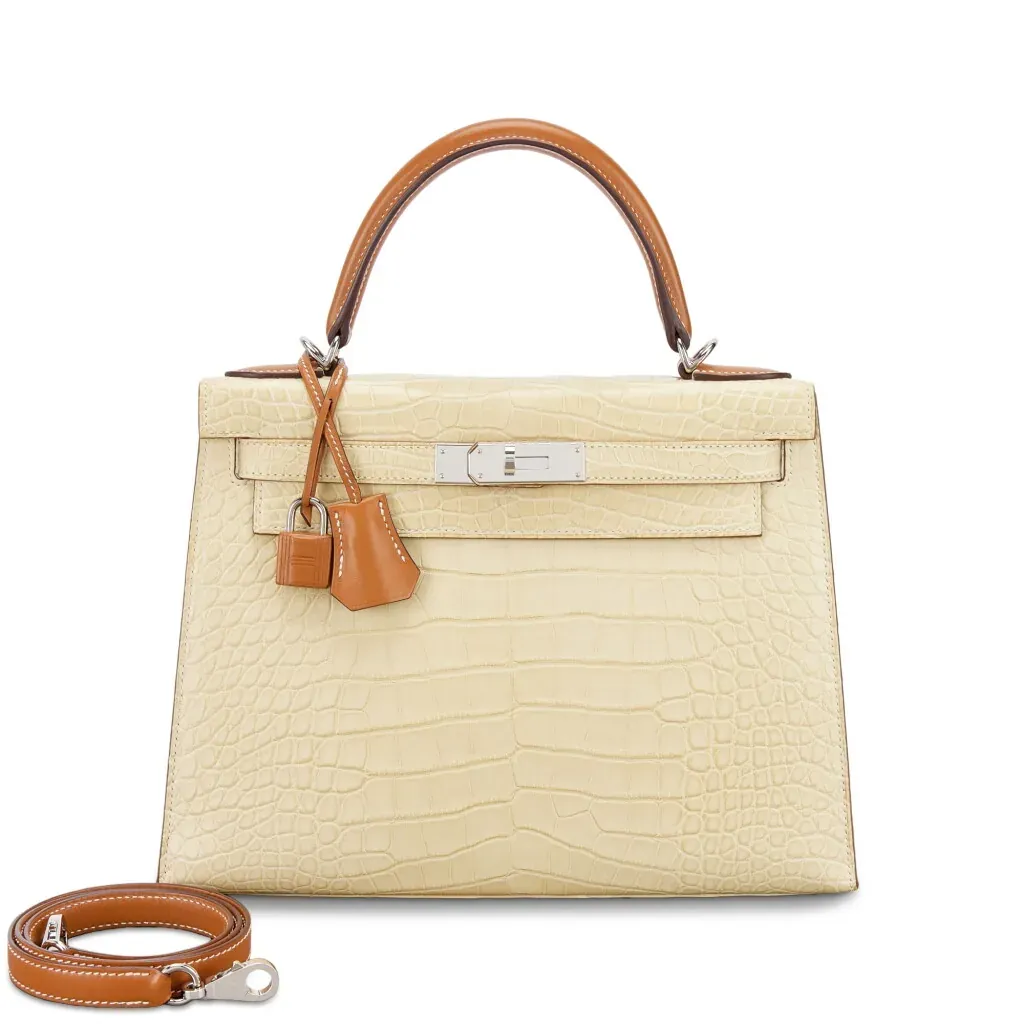 Hermès Limited Edition Vanille Matte Mississippiensis Alligator and Naturel Sable Butler Touch Kelly 28 Sellier Palladium Hardware, 2020