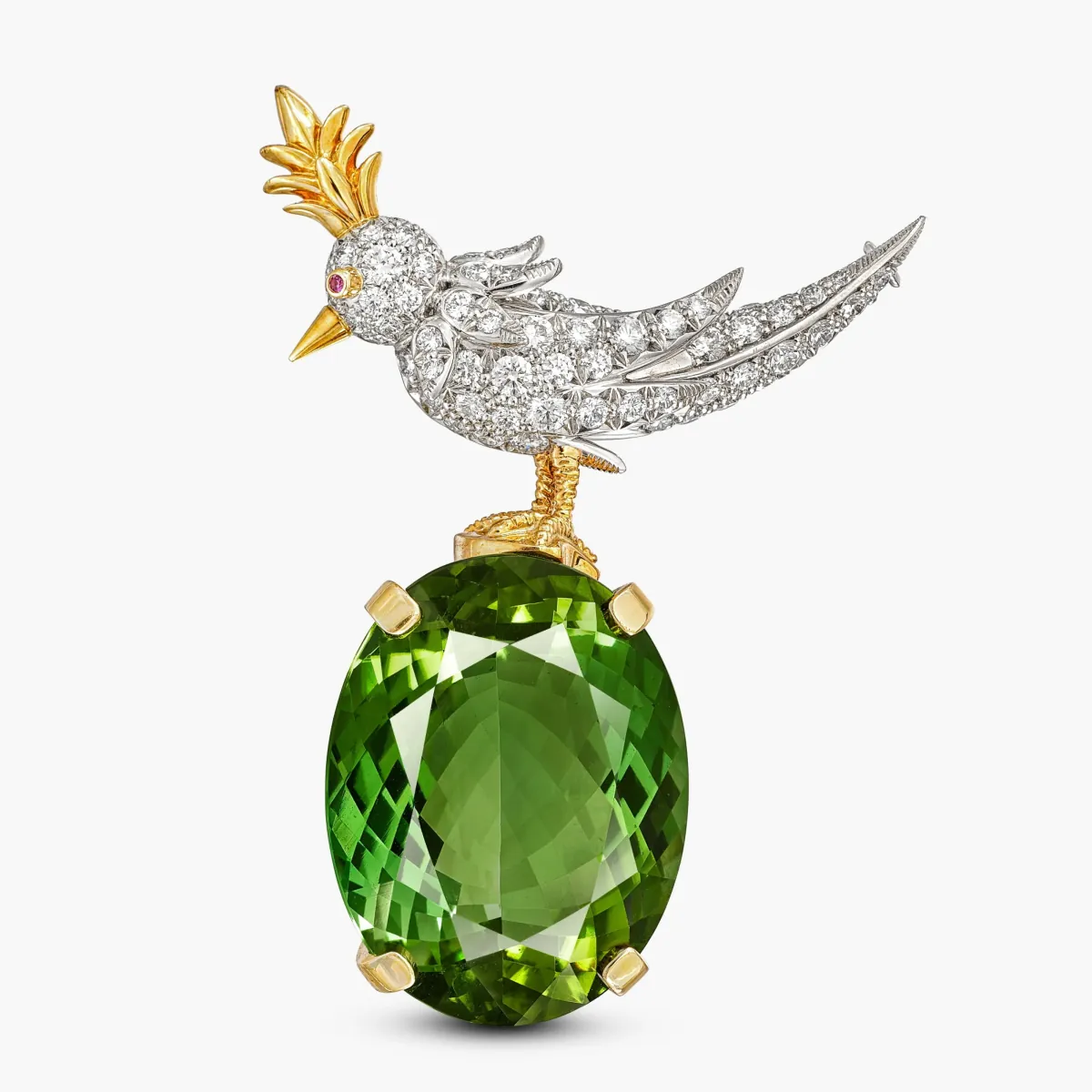 Schlumberger for Tiffany & Co. Green Tourmaline, Diamond and Pink Sapphire 'Bird on a Rock' Brooch