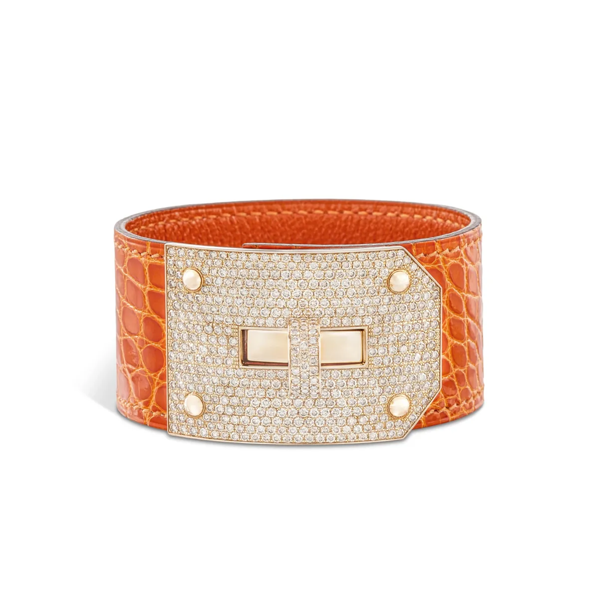 Hermès 18K Rose Gold and Diamond Orange H Shiny Mississippiensis Alligator Kelly Bracelet, 2012
