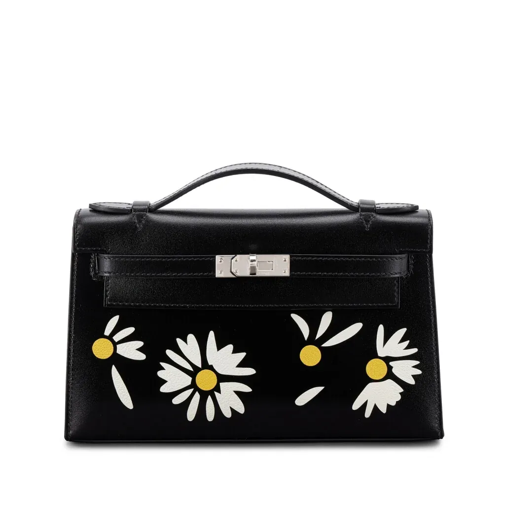 Hermès Limited Edition Black Box, White and Jaune Chèvre Inlay Daisy Kelly Pochette Palladium Hardware, 2026