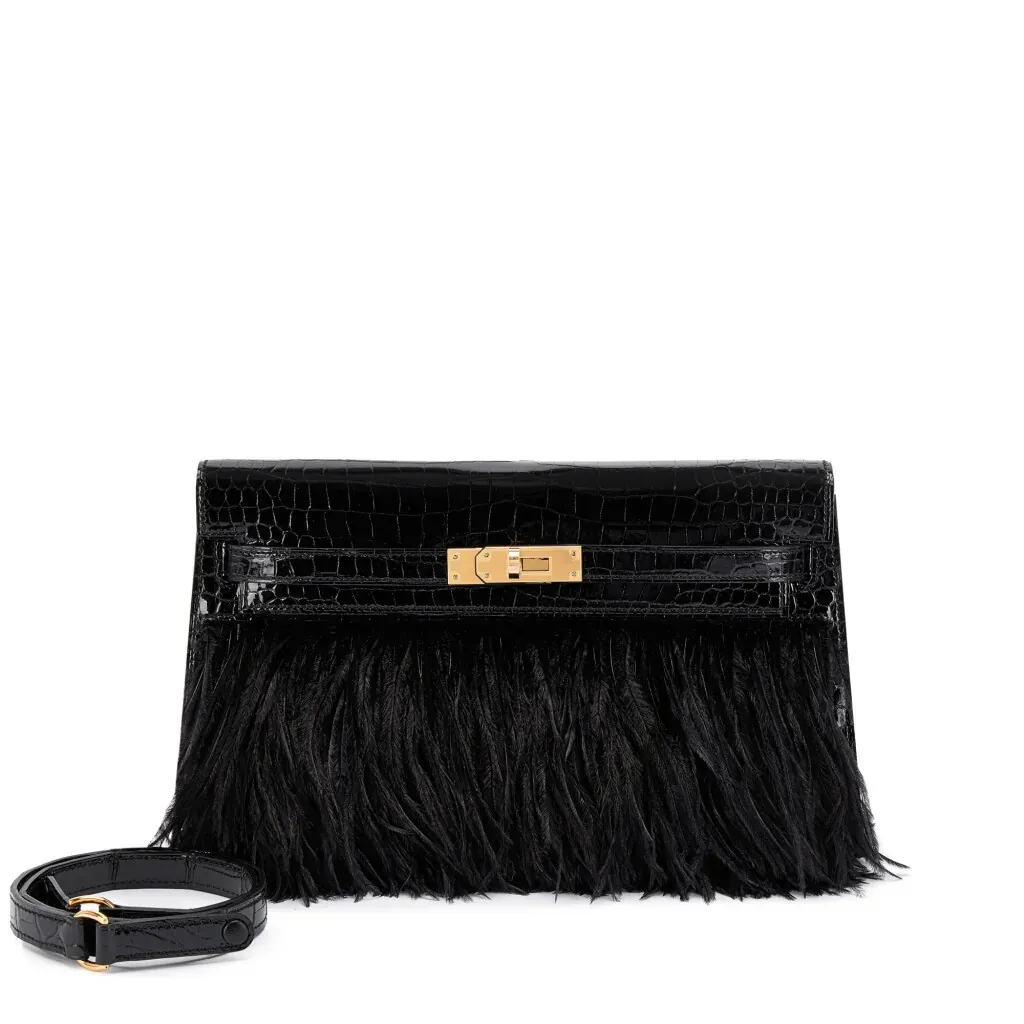 Hermès Limited Edition Black Shiny Porosus Crocodile and Ostrich Feather Kelly Elan Gold Hardware, 2023
