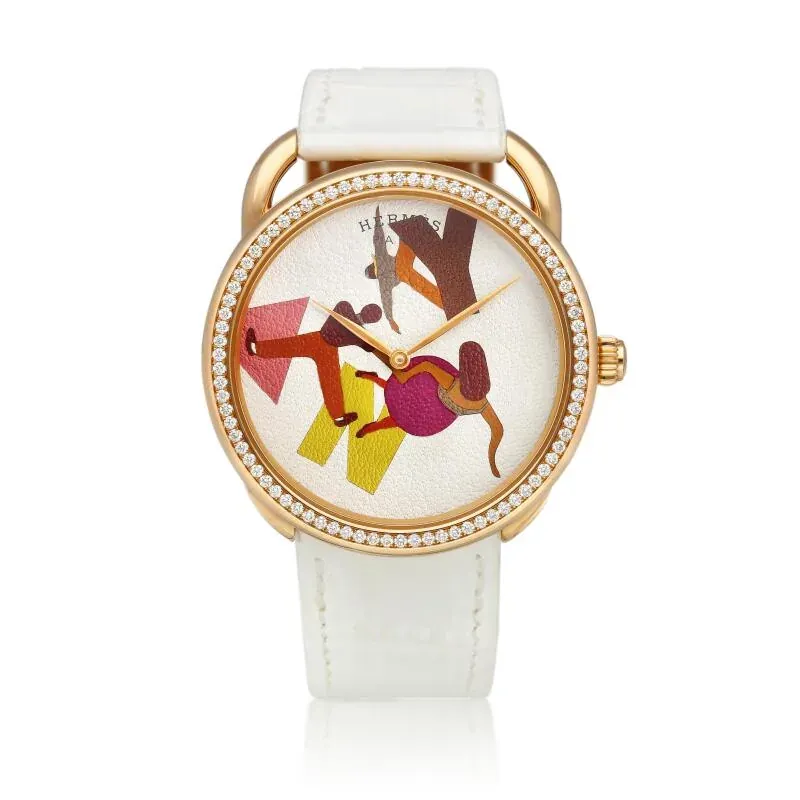 Hermès Arceau Gene Kelly Limited Edition (Reference W059208WW). A 38mm rose gold diamond-set automatic wristwatch with leather marquetry dial. 2024
