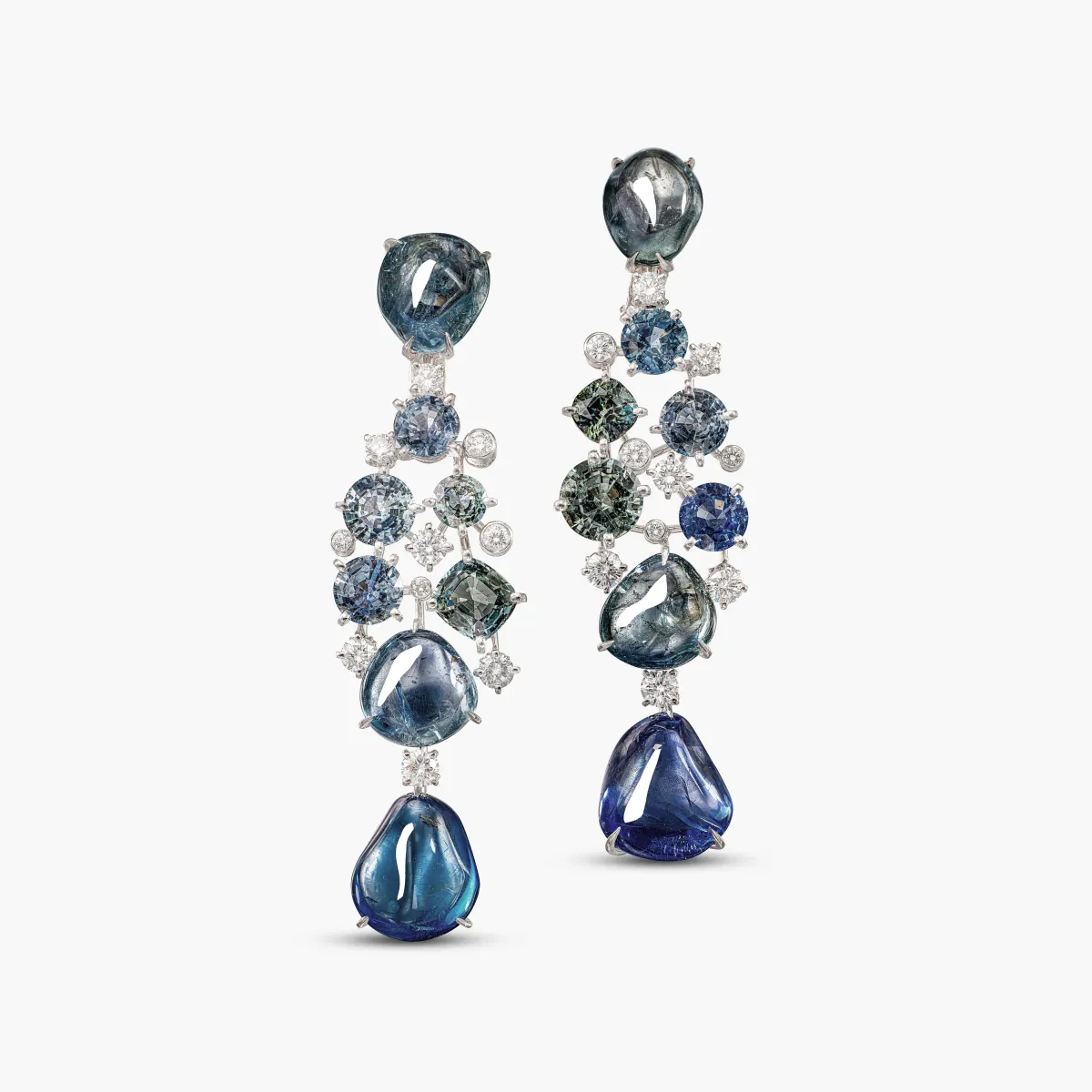 Cartier Pair of Sapphire, Coloured Sapphire and Diamond Pendent Earrings