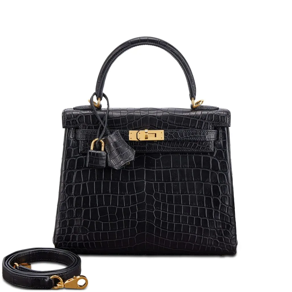 Hermès Black Matte Niloticus Crocodile Kelly 25 Retourné Gold Hardware, 2023