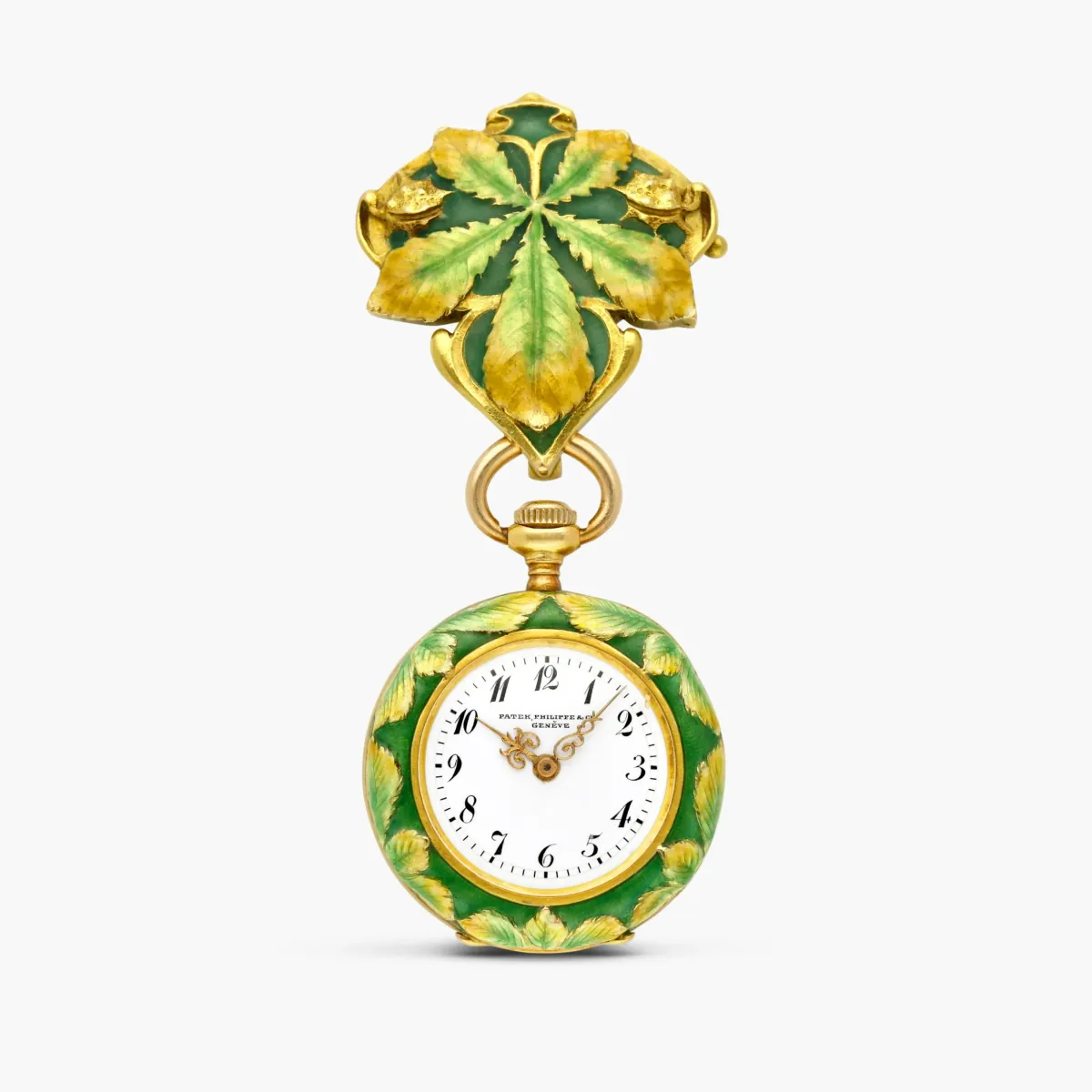 Patek Philippe & Cie. Genève A yellow gold and enamel-set keyless lever brooch watch with enamel dial, Retailed by Spaulding & Co., Chicago, Made in 1897