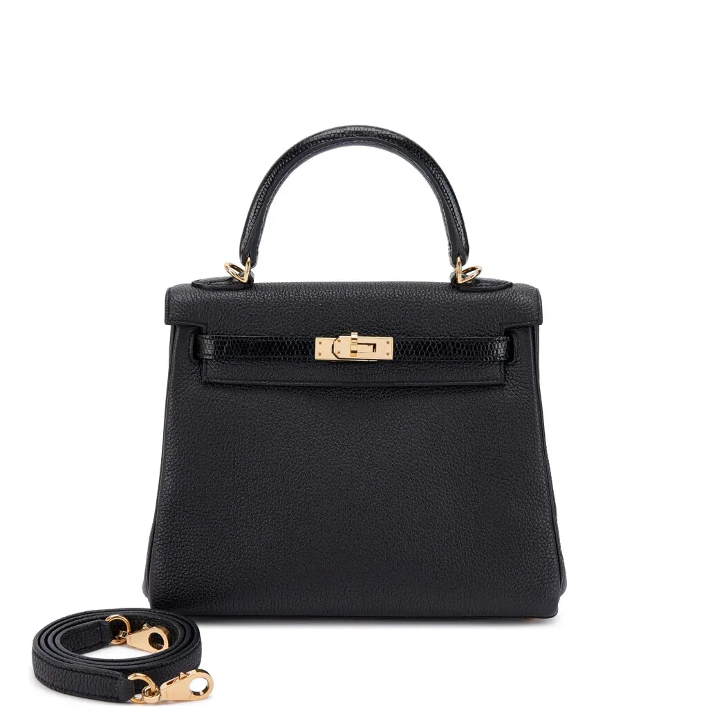 Hermès Black Togo and Shiny Niloticus Lizard Touch Kelly 25 Retourné Permabrass Hardware, 2023